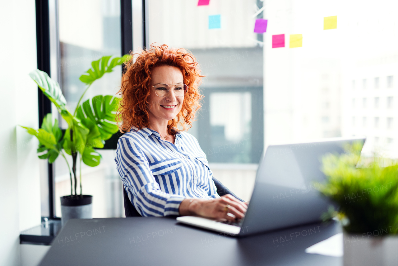 A portrait of cheerful businesswoman with computer in an office, working.