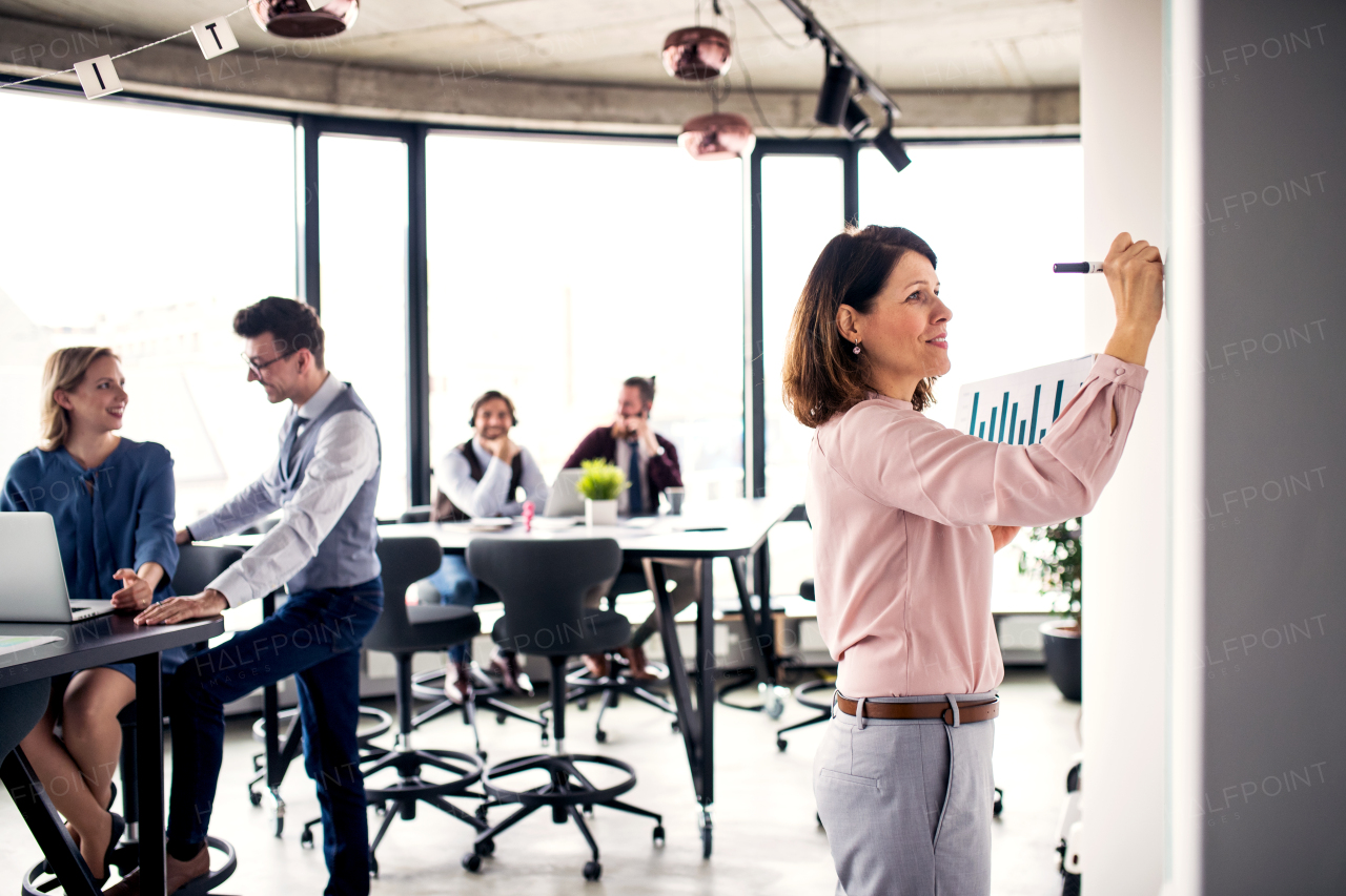 A portrait of businesswoman with colleagues standing in an office, writing on whiteboard.