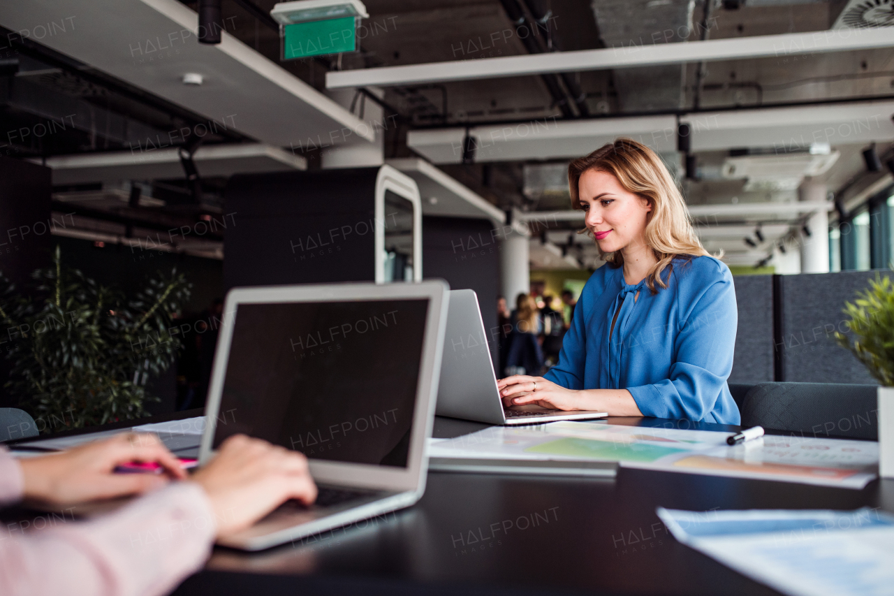 Young beautiful businesswoman with laptop sitting in an office, working.