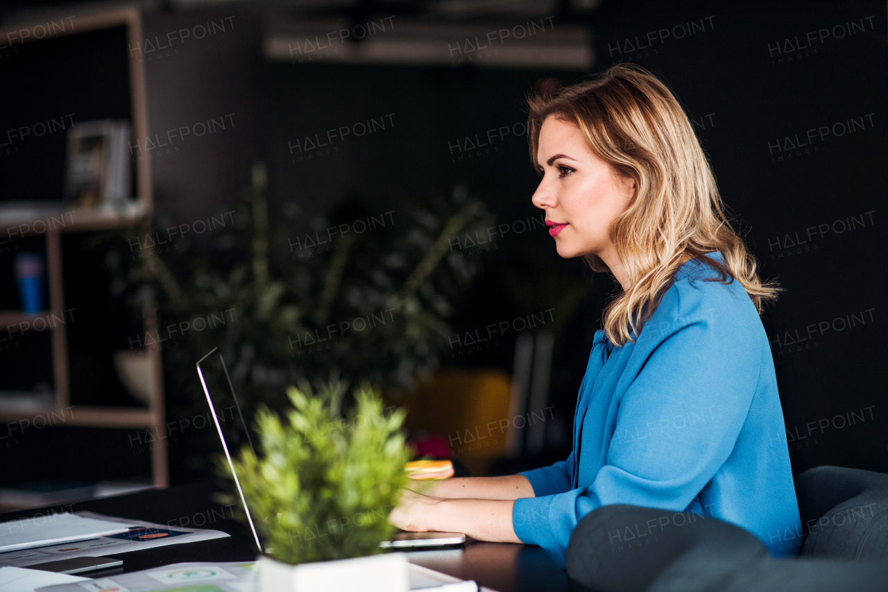 Young beautiful businesswoman with laptop sitting in an office, working.