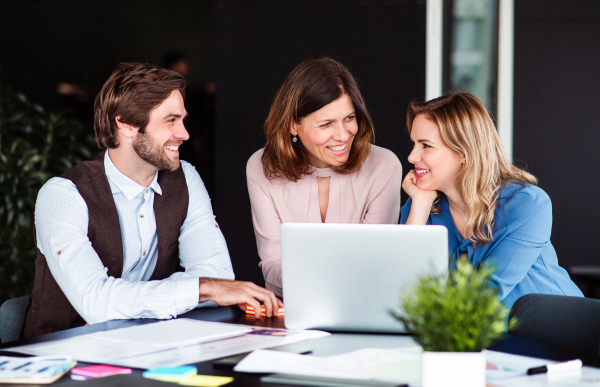 A group of cheerful business people sitting in an office, using laptop.