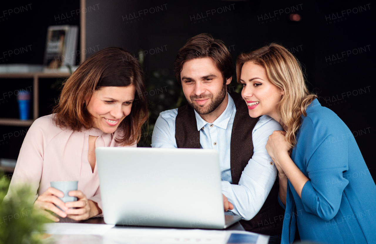 A group of cheerful business people sitting in an office, using laptop.