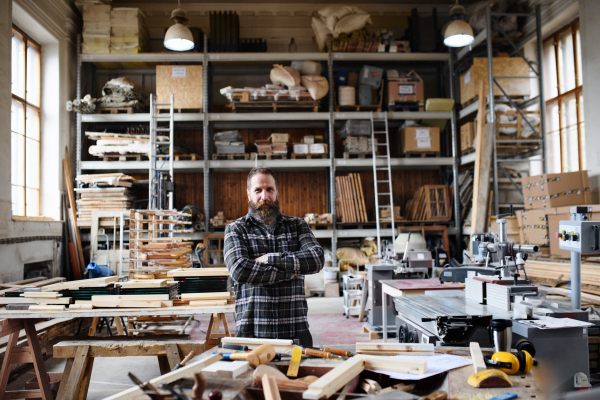 Happy mature male carpenter standing in carpentery workshop, looking at camera. Small business concept.