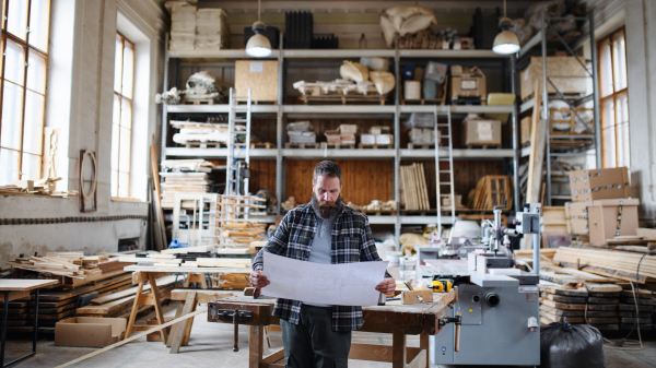 A portrait of mature male carpenter looking at blueprints plans in carpentery workshop. Small business concept.