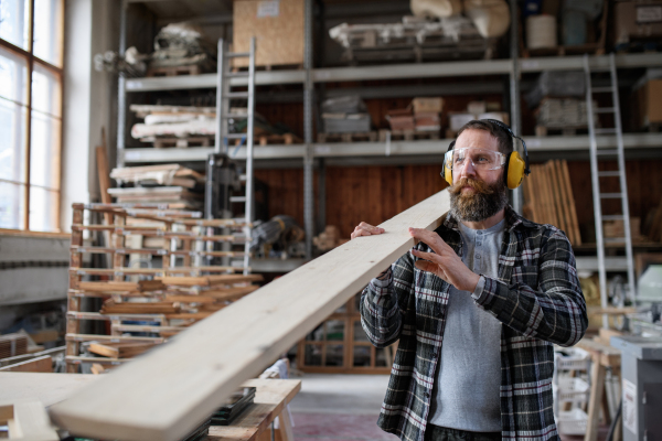 A mature male carpenter with hearing protectors carrying wooden board, indoors in carpentery workshop. Small business concept.