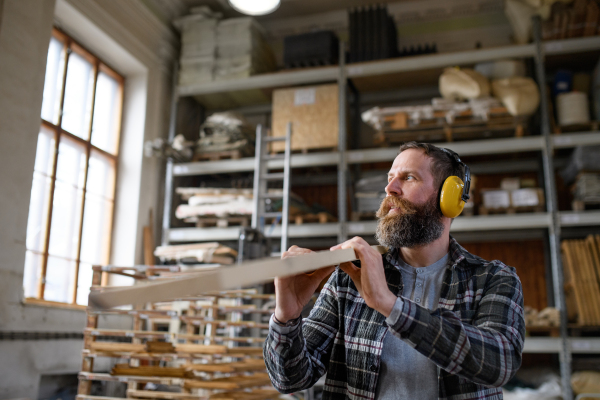 A mature male carpenter with hearing protectors carrying wooden board, indoors in carpentery workshop. Small business concept.