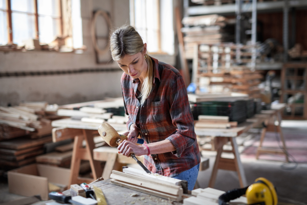 A portrait of female carpenter working on her product indoors in carpentry workshop.