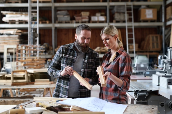 Two carpenters a man and a woman talking about design of products. Small business concept.