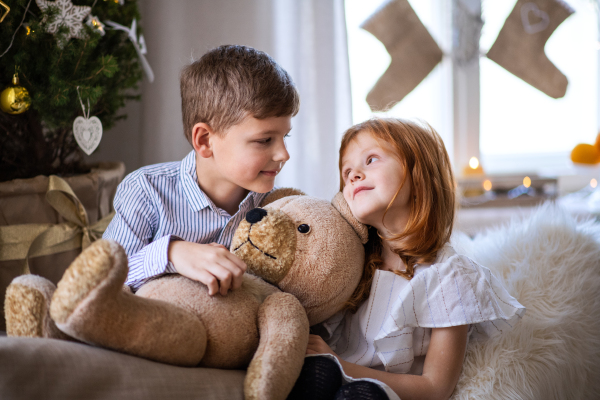 Small girl and boy sitting on sofa indoors at Christmas, holding big teddy bear.