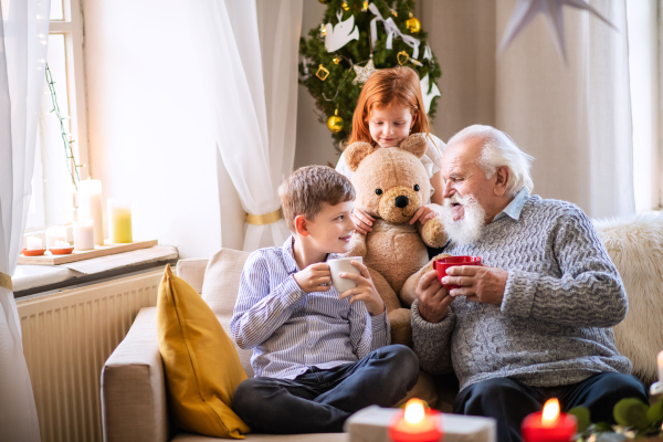 Portrait of small children with senior grandfather indoors at home at Christmas, sitting and talking.