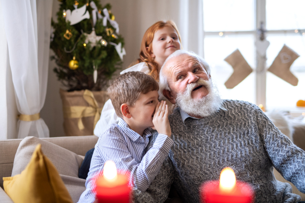 Portrait of small children with senior grandfather indoors at home at Christmas, playing.