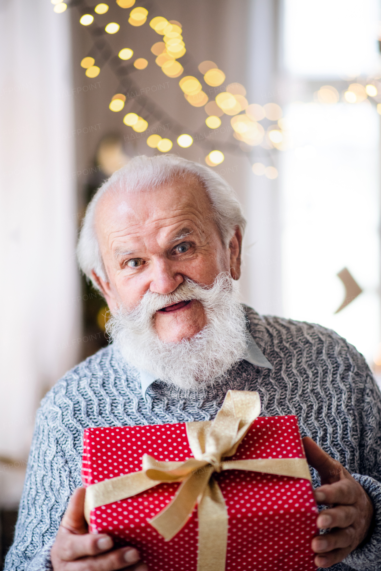 Front view of happy senior man with present box indoors at home at Christmas, looking at camera.