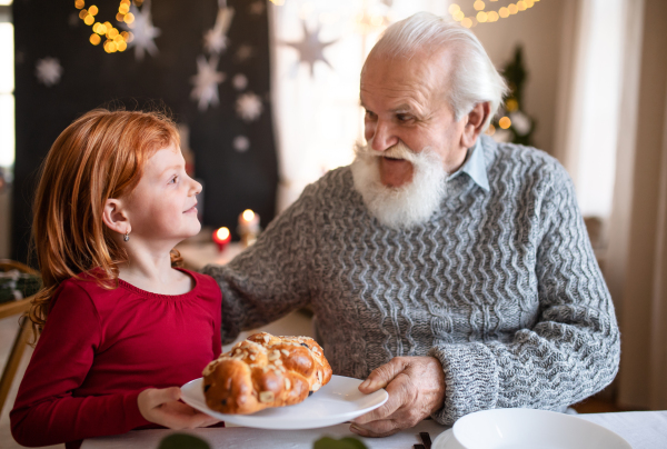 Portait of small girl with senior grandfather indoors at home at Christmas, talking.