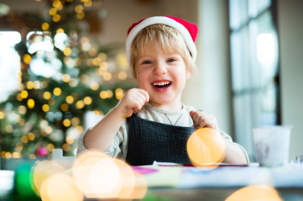 Portrait of happy small boy indoors at home at Christmas, painting pictures.