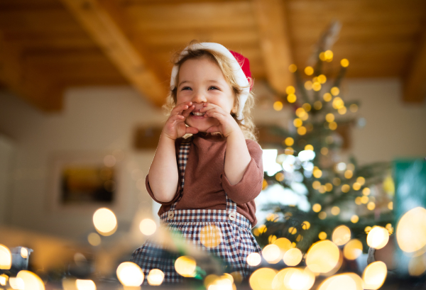 Portrait of happy small girl indoors at home at Christmas, laughing.