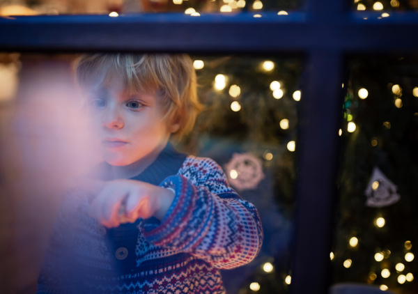 Portrait of happy small boy indoors at home at Christmas, playing by window at night.