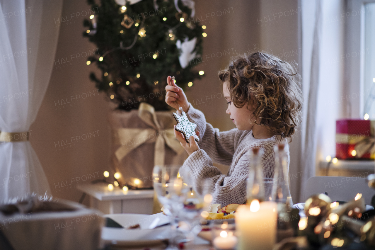 Side view of cheerful small girl sitting indoors at Christmas, holding ornament.