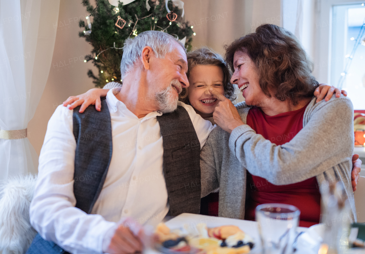 Front view of happy senior couple with small granddaughter indoors at Christmas, having fun.