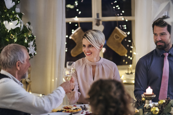 Multi-generation family indoors celebrating Christmas together, clinking glasses.