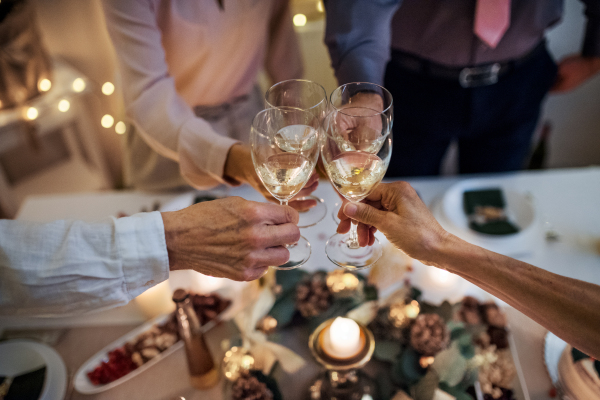 Unrecognizable multi-generation family indoors celebrating Christmas together, clinking glasses.