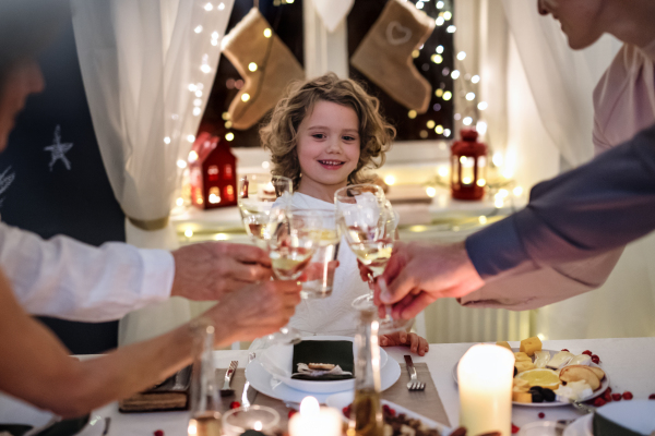 Unrecognizable multi-generation family indoors celebrating Christmas together, clinking glasses.