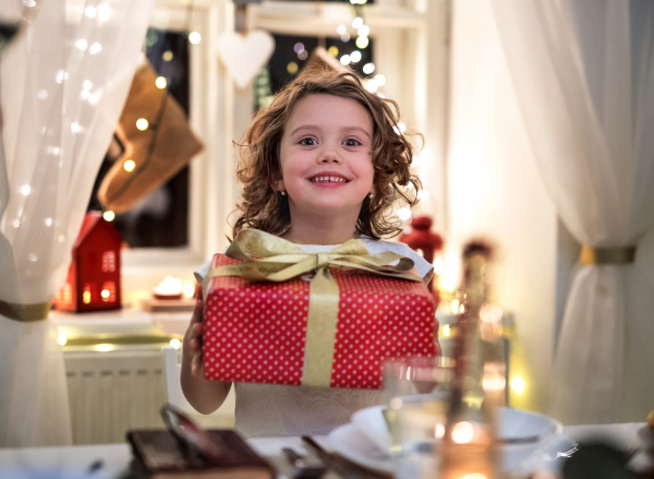 Front view of cheerful small girl standing indoors at Christmas, holding present.