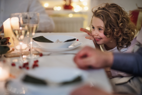 Happy small girl with family sitting indoors celebrating Christmas together,