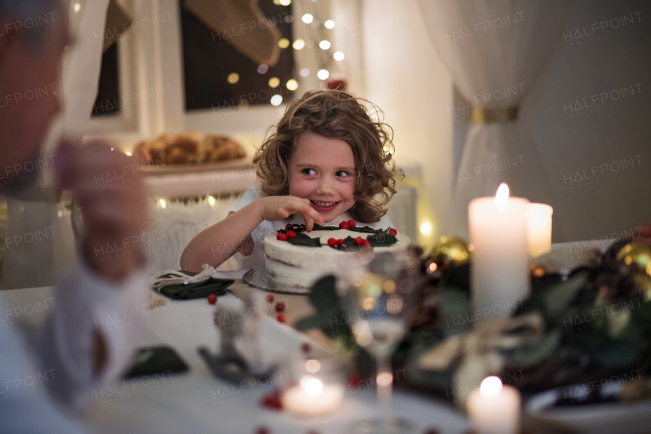 Happy small girl with family sitting indoors celebrating Christmas together,