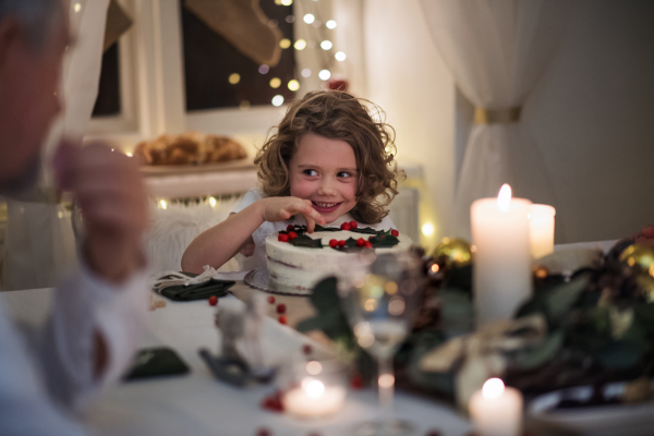 Happy small girl with family sitting indoors celebrating Christmas together,