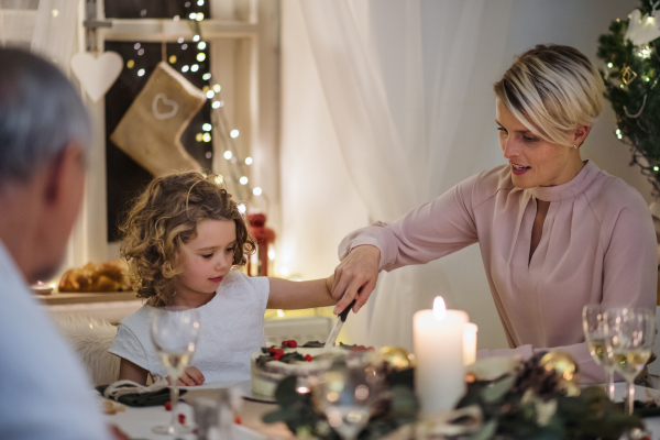 Multi-generation family indoors celebrating Christmas together, cutting cake at the table.