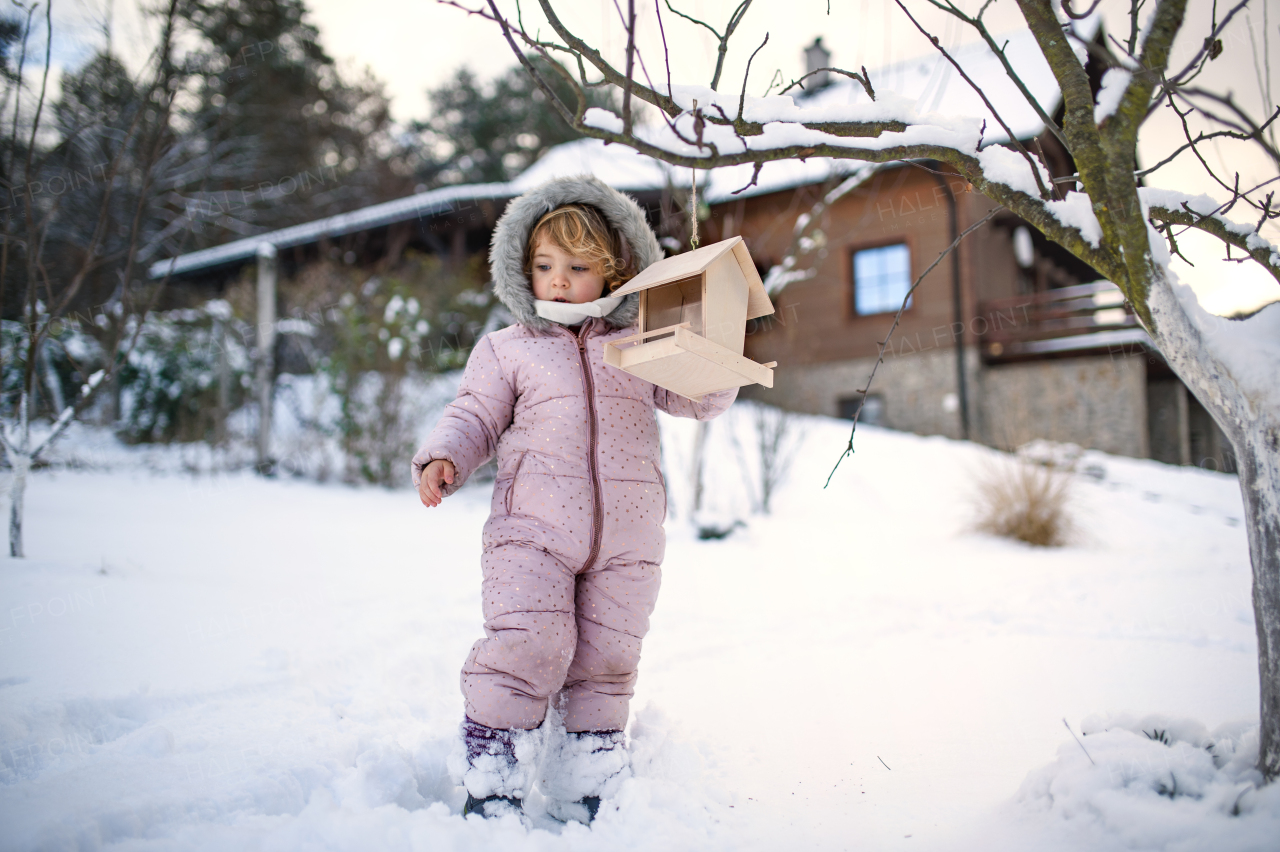 Portrait of small girl outdoors in winter garden, standing by wooden bird feeder.