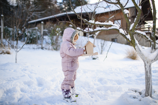 Portrait of small girl outdoors in winter garden, standing by wooden bird feeder.