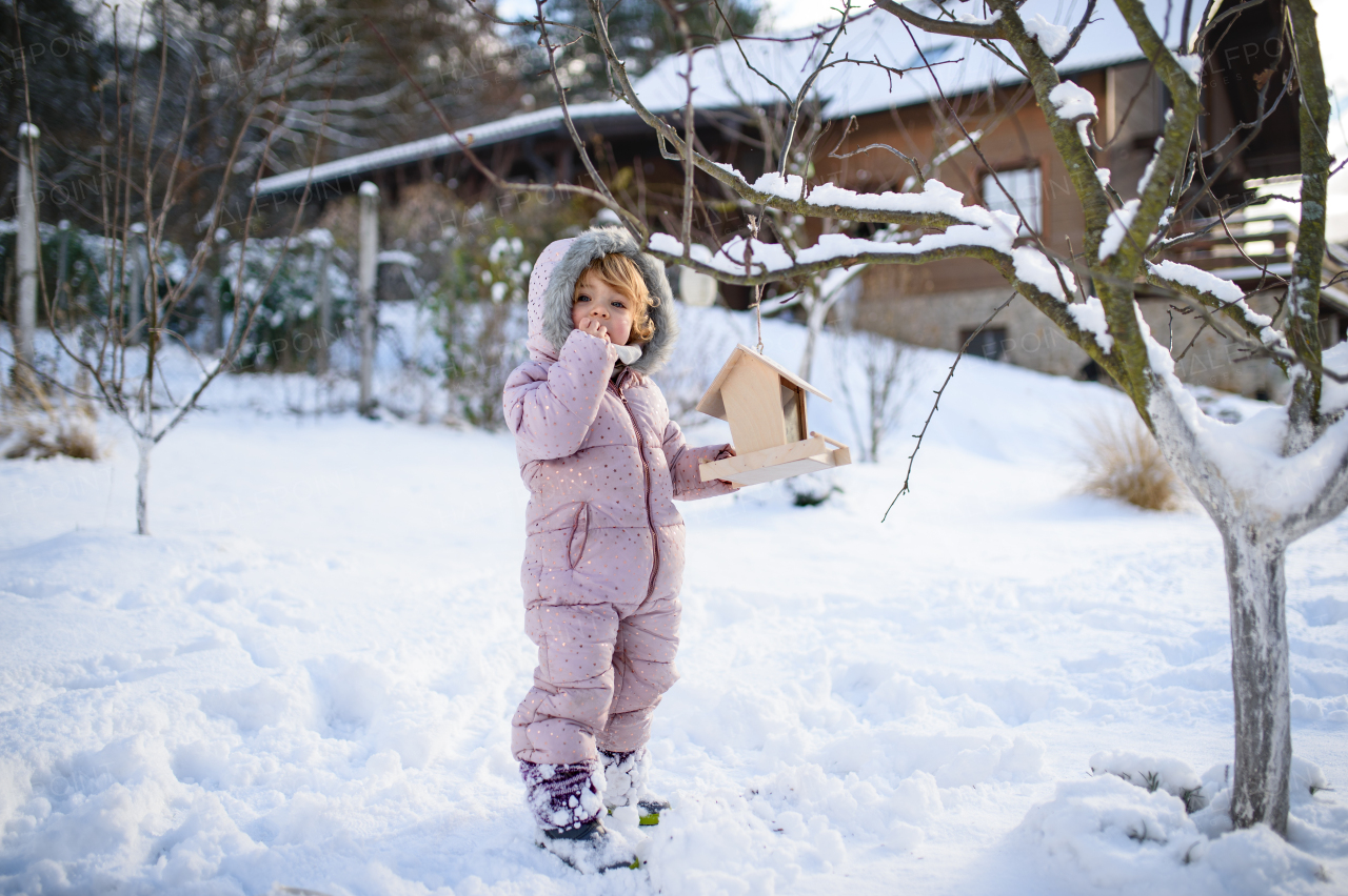 Portrait of small girl outdoors in winter garden, standing by wooden bird feeder.