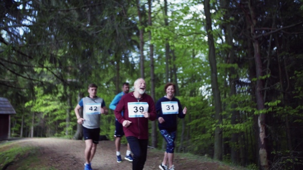 A large group of active multi generation people running a race competition in nature. Slow motion.