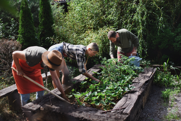 Happy young and old farmers working with garden tools outdoors at a community farm.