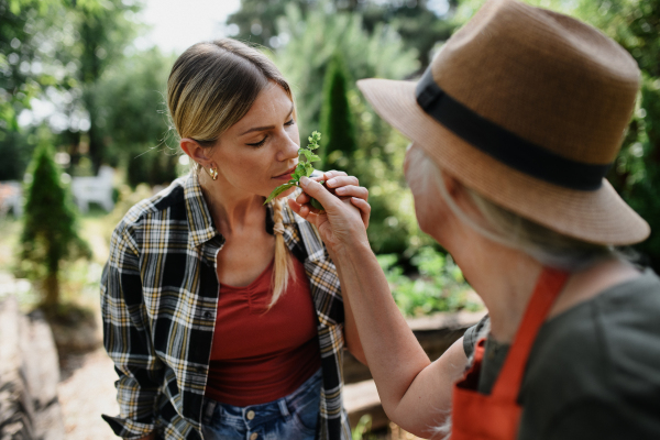 A mid-adult woman farmer with eyes closed smelling a plant herb outdoors at community farm.