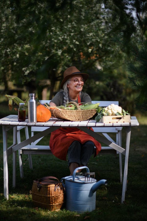 A happy senior female farmer sitting with homegrown vegetables outdoors at community farm.