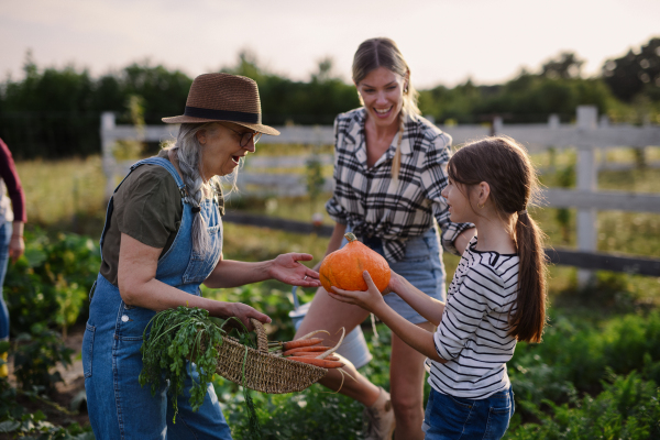 A happy little farmer girl showing organic pumpkin to grandmother outdoors at garden.