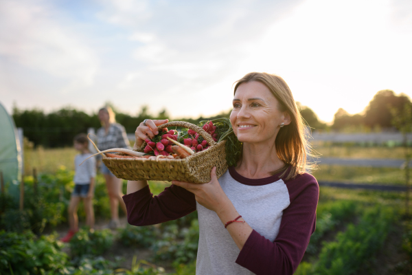 Mid adult female farmer carrying basket with homegrown vegetables outdoors at a community farm.