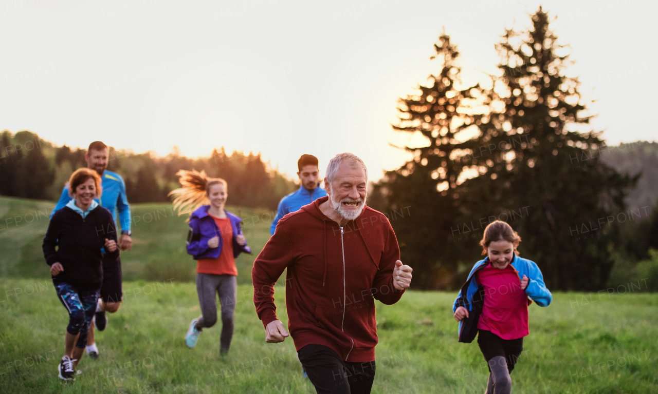 A large group of people cross country running in nature at sunset.