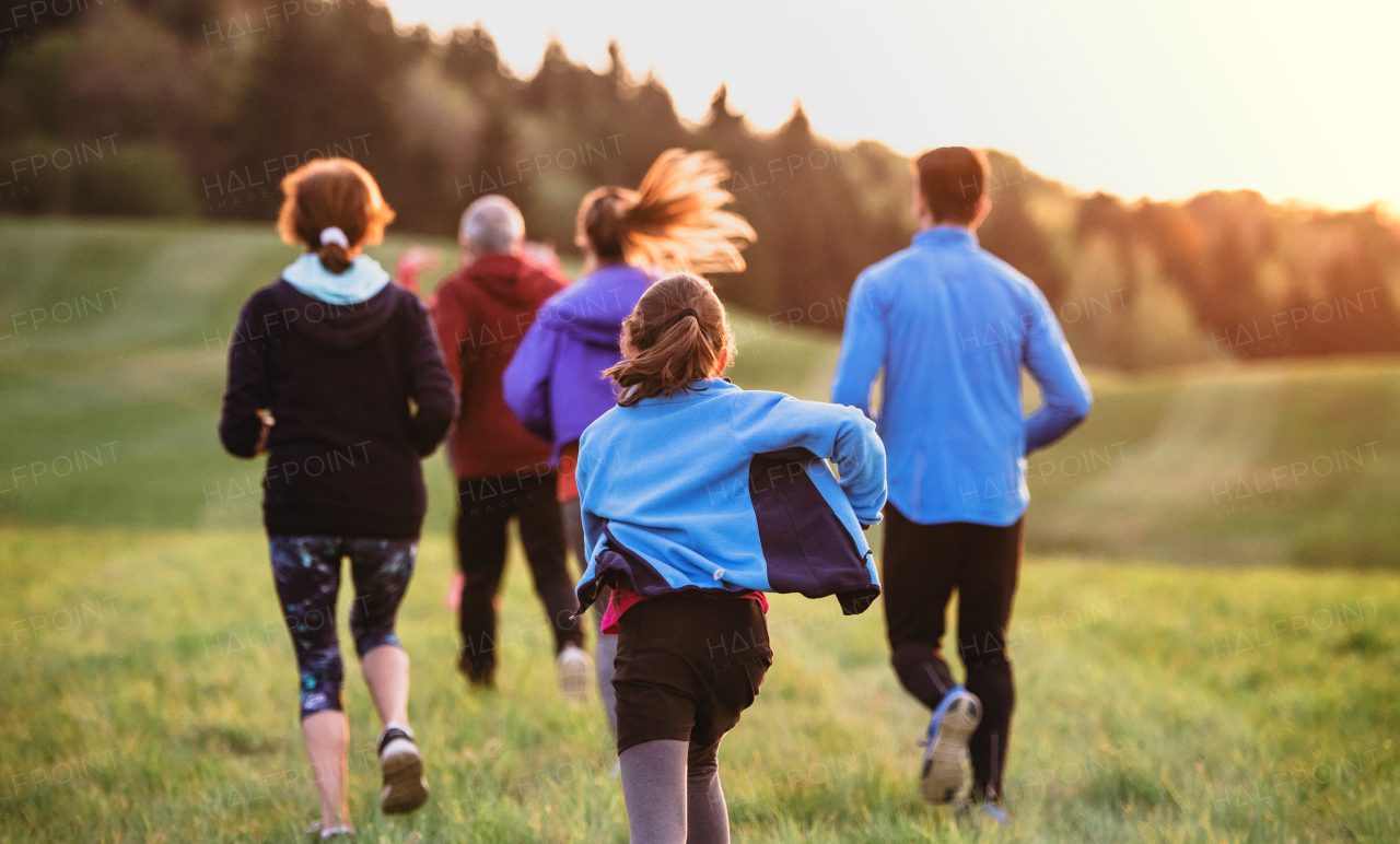 A rear view of large group of people cross country running in nature at sunset.