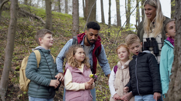 Teachers with group of small children outdoors in nature. Learning group education concept.