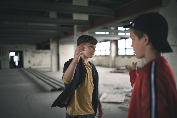 Side view of teenagers boys indoors in abandoned building, greeting.