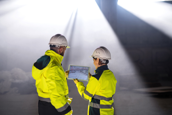 Rear view of engineers standing on construction site, holding tablet with blueprints.