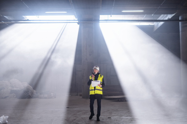 Man engineer using walkie talkie indoors on construction site.