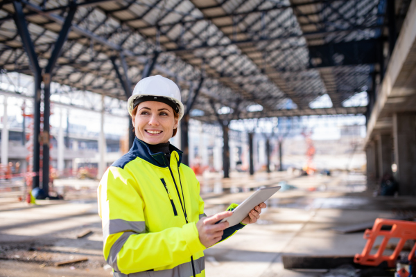 A woman engineer with tablet standing on construction site, working. Copy space.