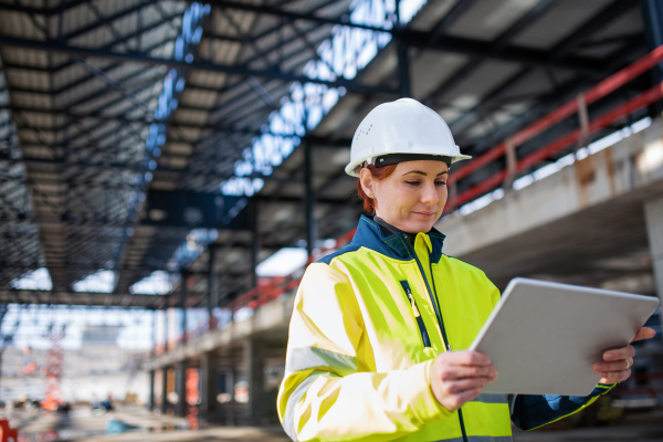 A woman engineer with tablet standing on construction site, working. Copy space.