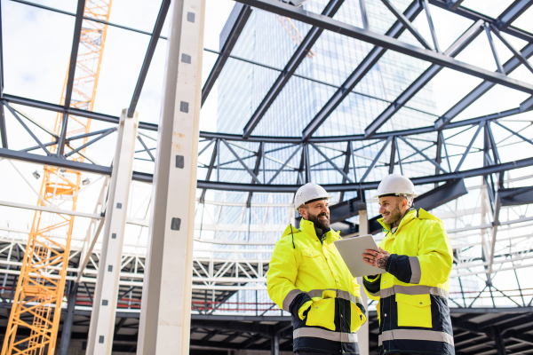 Front view of men engineers standing outdoors on construction site, using tablet.