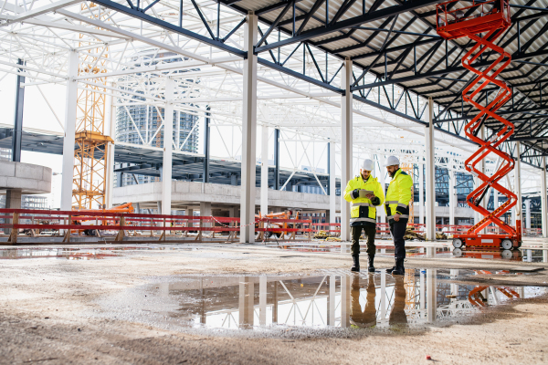 Front view of men engineers standing outdoors on construction site, using tablet. Copy space.