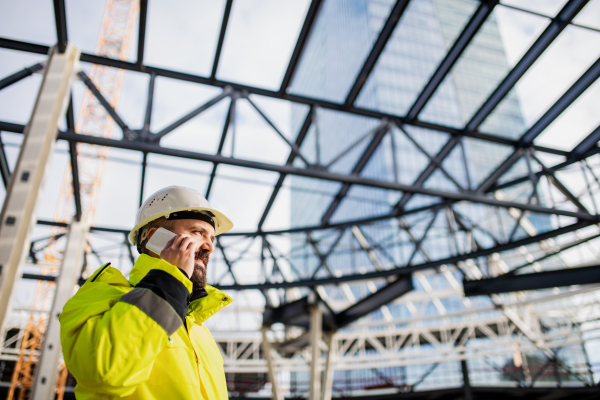 Mature man engineer standing on construction site, using smartphone.